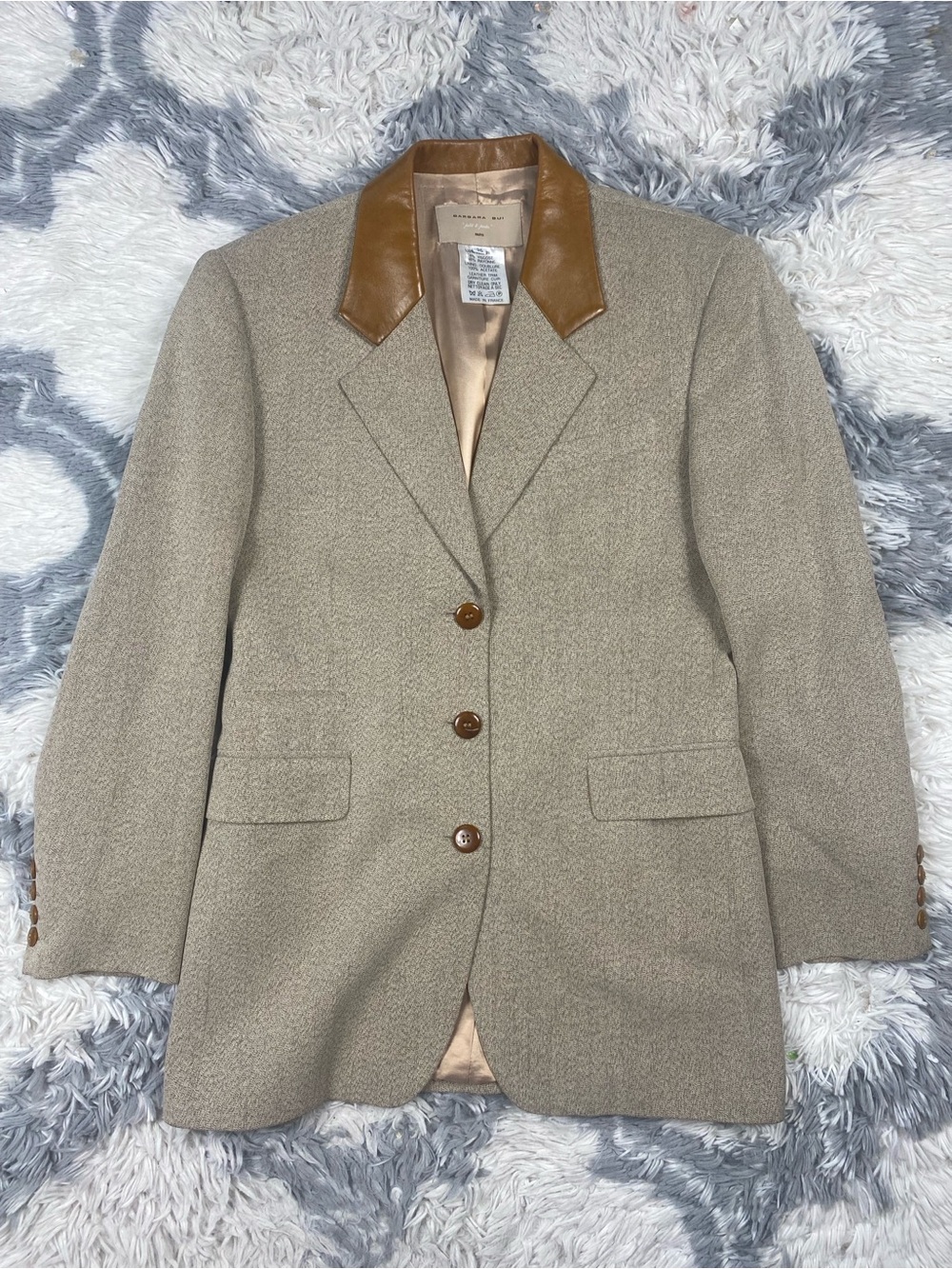 Barbara Bui Blazer Womens Brown Gray  Leather Trim Suit Jacket Business Chic